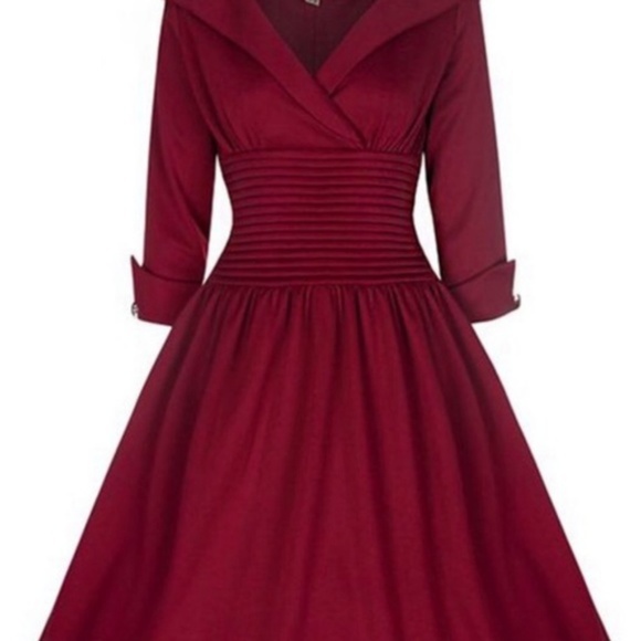 PinUp Red Vintage Style Collared Rockabilly Dress - Picture 3 of 8